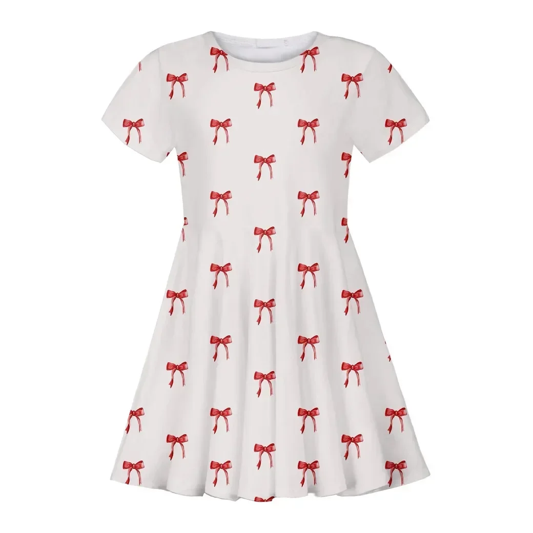 3D Digital Printed Short Sleeved Dress with Bow, Sweet and Caring Casual Princess Skirt