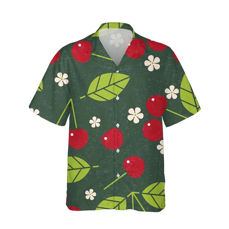 Camisa masculina com estampa cereja havaiana para praia, camisa Aloha casual para férias, roupas engraçadas de frutas, manga curta Y2K Tops, moda