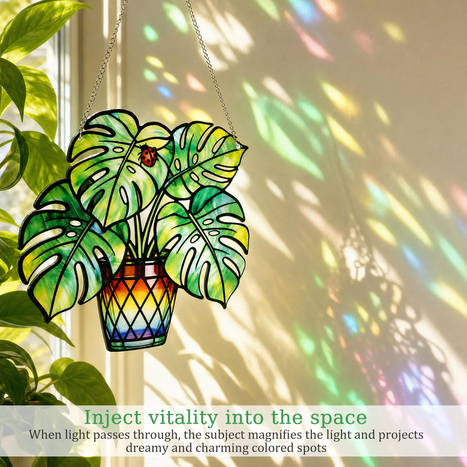Stained Glass Plant Suncatcher Decorative Glass Green Leaves Window Hanging Sun Catcher Decor for Sunroom Patio Yard Balcony
