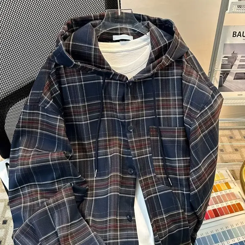 

2025 Autumn New Retro Plaid Hooded Shirt Korean Fashion Y2k Streetwear Women's Casual Loose Hoodie Jacket Coat