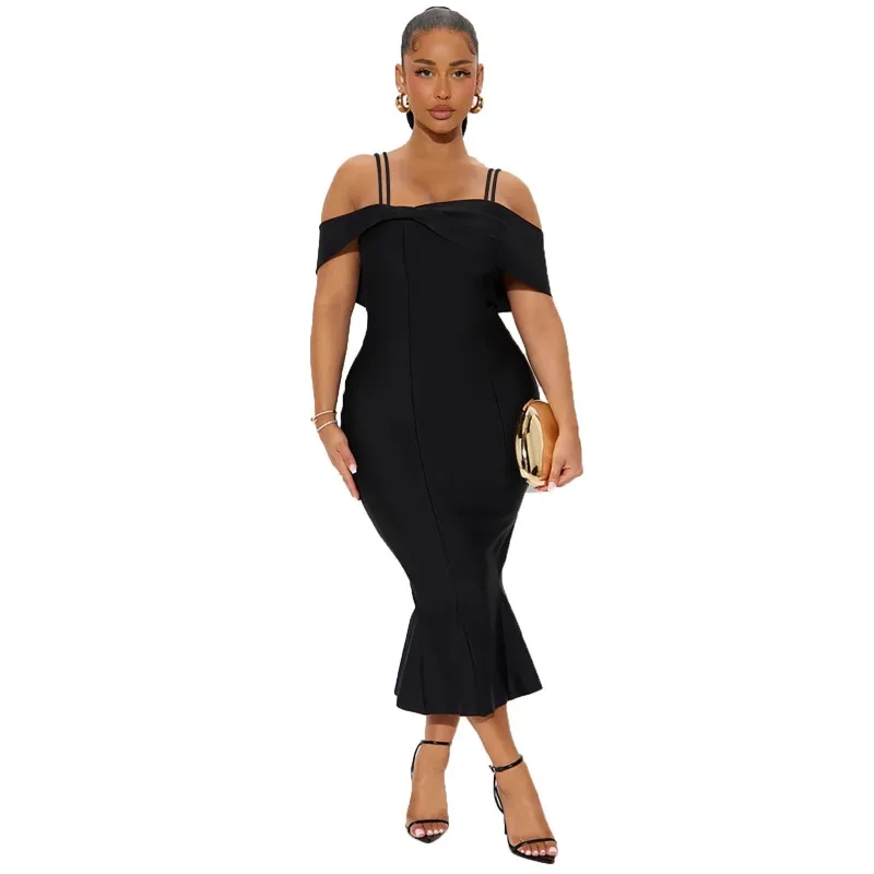 Customized women's sexy tight party dress with off shoulder camisole, MIDI skirt, ruffled cocktail party dance dress view 6