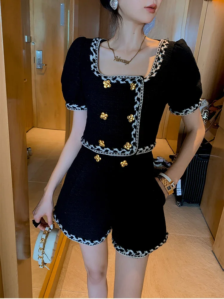 

Korean Chic Vintage Spring Tweed Women Outfits Short Sleeve Tweed Cropped Top Shorts Fashion Two Piece Pant Suits 2 Piece Sets
