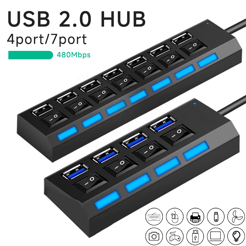 USB HUB 2.0 4/7 Port Multiple Expander USB 2.0 Hub with Switch LED Multi USB Splitter Hub Use Power Adapter Computer Accessory