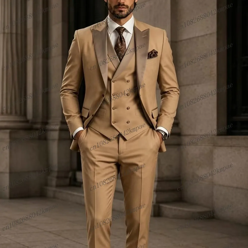 Champagne New Formal Men Suit Groom Groomsman Wedding Party Prom Business Male Tuxedos 3 Piece Set Blazer Vest Pants