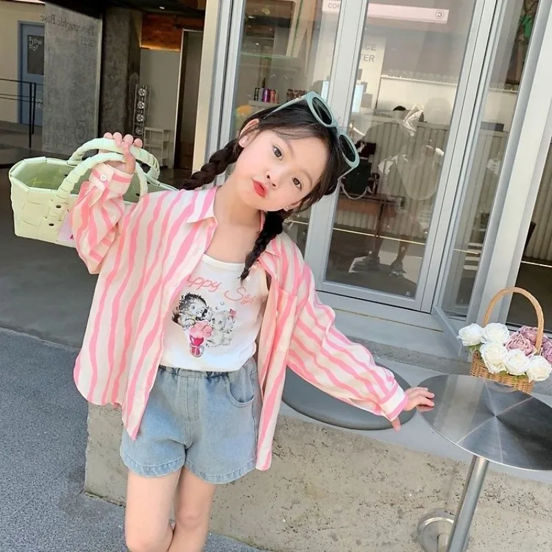 

Girls' Striped Long Sleeve Shirt 2026 New Design Minimalist Sweet Casual School Outfits Versatile Trending Hot Sale