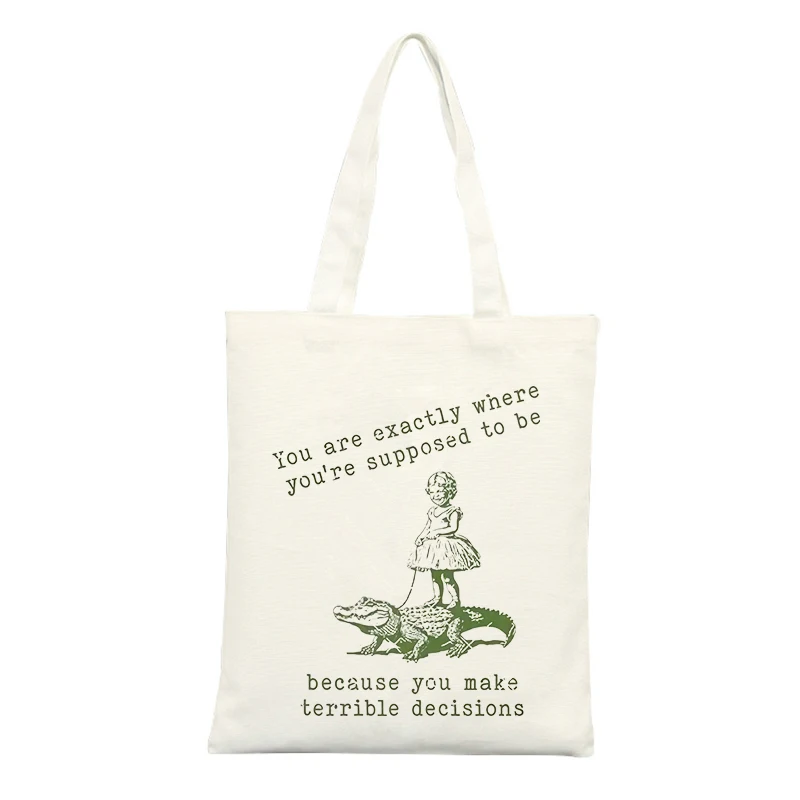 Canvas Tote Bag with Girl and Alligator Graphic, Slogan-style Print, Ideal for Casual Daily Use