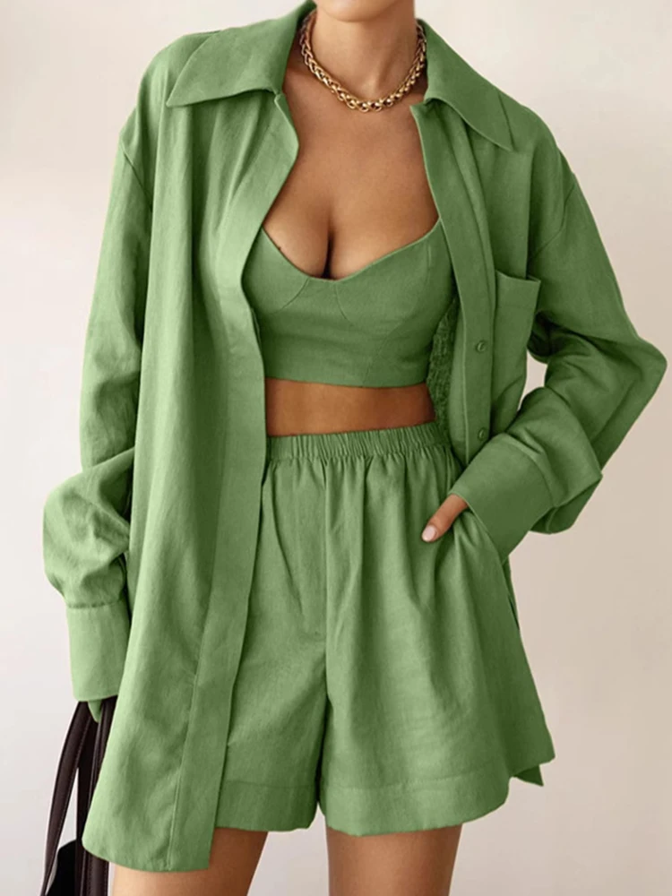 

Mumaroho 2025 Women Summer Autumn Vacation Shorts Sets Solid Cotton Outfits Suit 3 Piece Oversized Shirt Set For Women