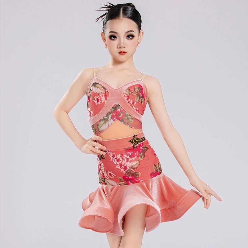 

New Pink Latin Dance Costume Girls Flower Velvet Fishbone Sirt Suit Cha Cha Rumba Dance Performance Competition Dress BL19116