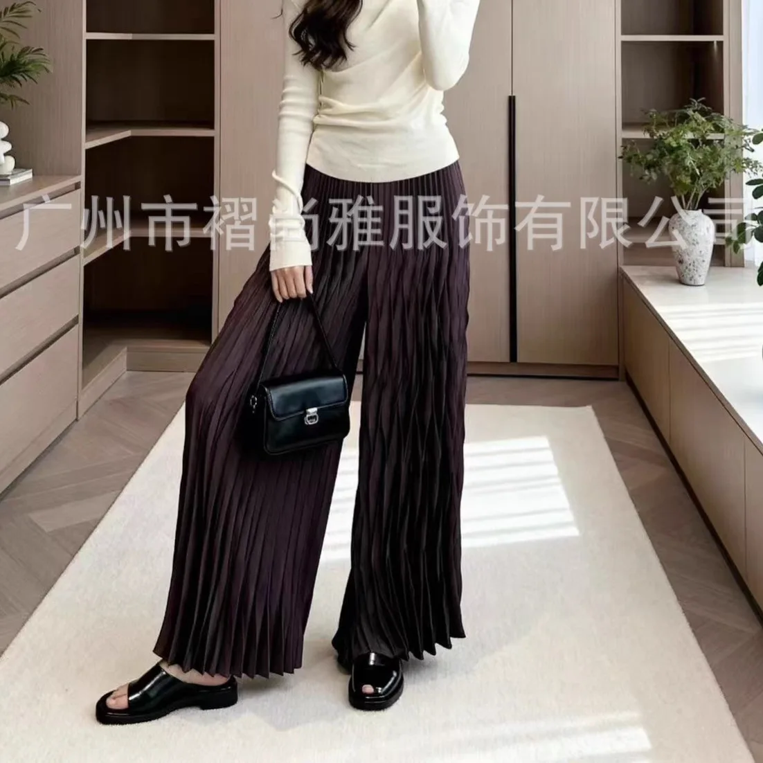 مياكي مطوي 2025 الخريف والشتاء جديد مطوي عالية الخصر بناطيل كاجوال ثنى موضة فضفاضة واسعة أرجل بنطلون أنثى