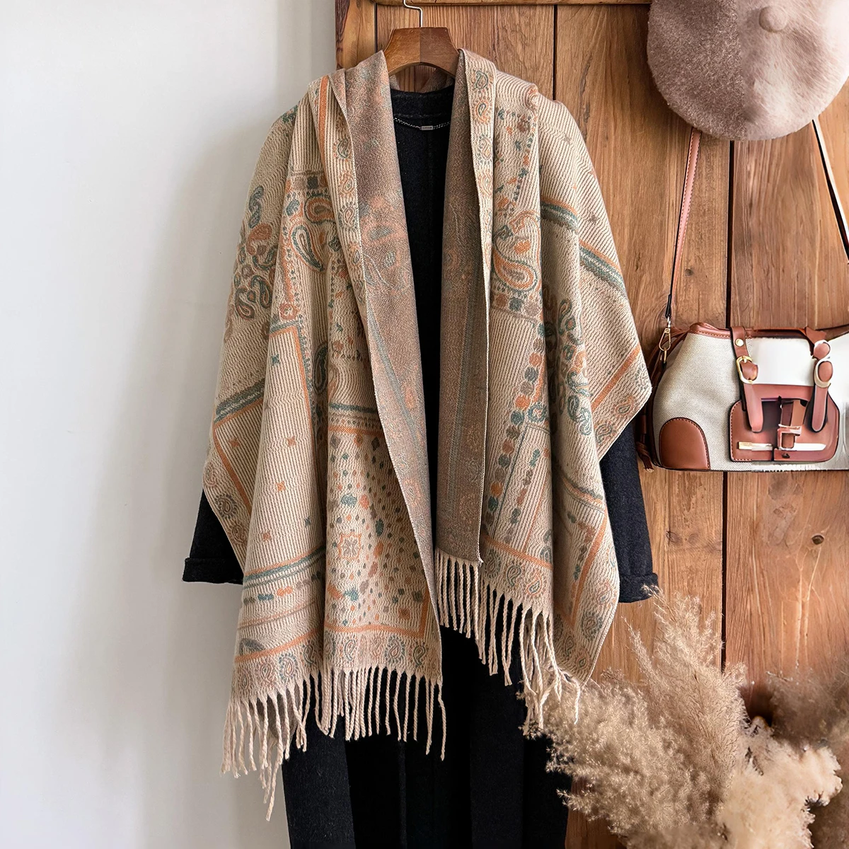 Brand Fashion Women's Winter Cashmere Wrap - Vintage Oil Painting Floral Printed Tasseled Pashmina Thick Shawl, Scarf & Echarpe