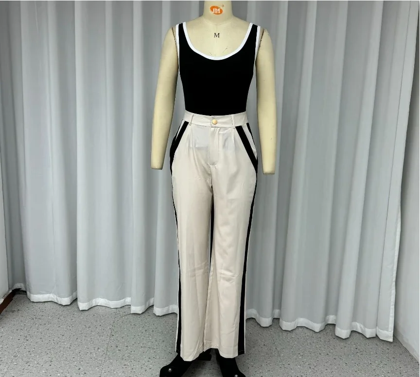 Ensemble deux pièces haut et pantalon rayé pour femme, simple, décontracté, col en U, fibres abonnés, reliure précieuse, printemps, été, 2024