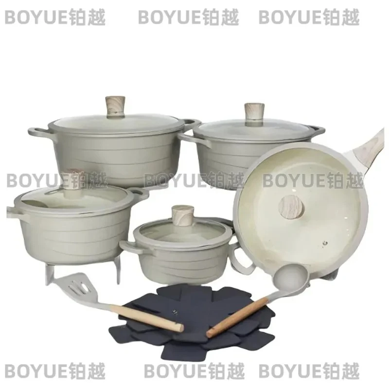 15 Piece Nonstick Cookware Set Wavy Marble Frying Pan Deep Soup Pot Striped Design Kitchen Essentials Durable Heat Resistant