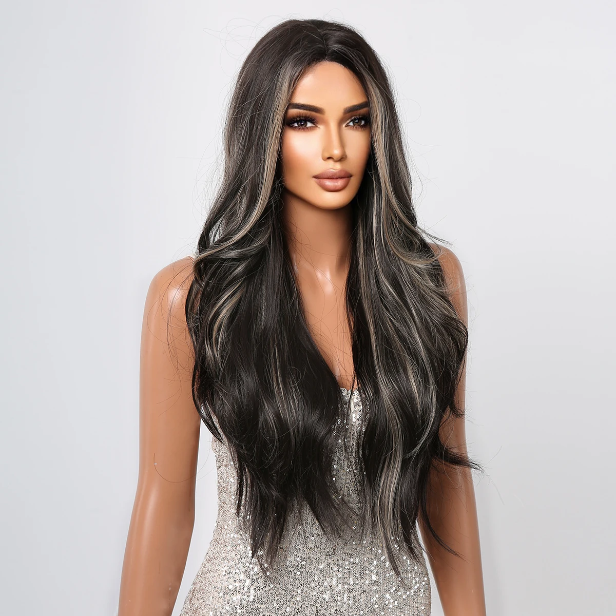 Synthetic Lace Hairline Wigs Long Wavy Lace Forehead Wig Brown Hand Crochet Wigs with Blonde Highlights for Women Heat Resistant