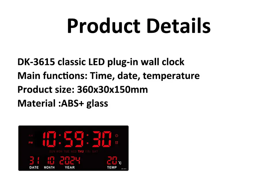 Digitale große Wanduhr, Alarm, Temperatur, Datum, Kalender, Anzeige, 8 Sätze Wecker, 35,6 cm, elektronische LED-Uhr, einsteckbar – Detail 12