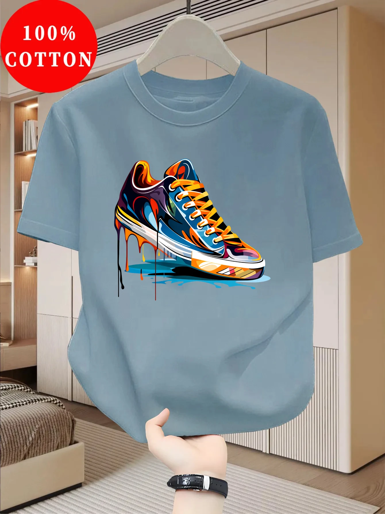 Summer Men's 100% Cotton Casual Personalized Trendy Sneakers Graffiti Printed Loose Round Neck Short Sleeve T-shirt view 2