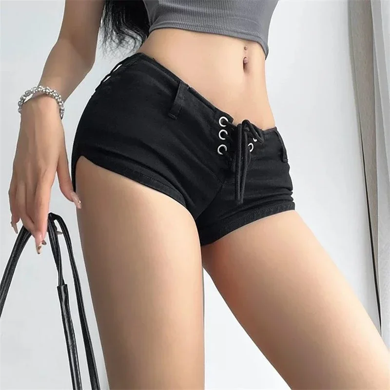 Y2K 2000S Black Denim Shorts Women Sexy Low Rise Bandage Shorts Jeans Summer Streetwear Fashion Slim Hot Short Pants New