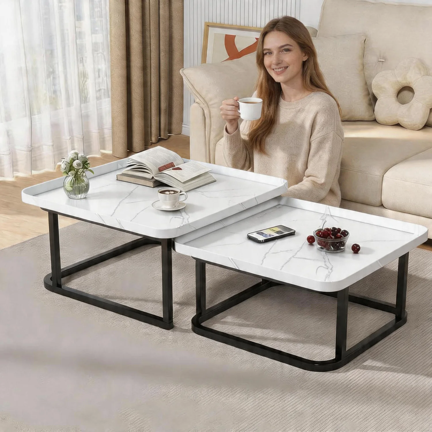 Square Nesting Coffee Tables Set Of 2, Space Saving Small End Table Set For Living Room Bedroom Balcony, Fluted Side Tables Set