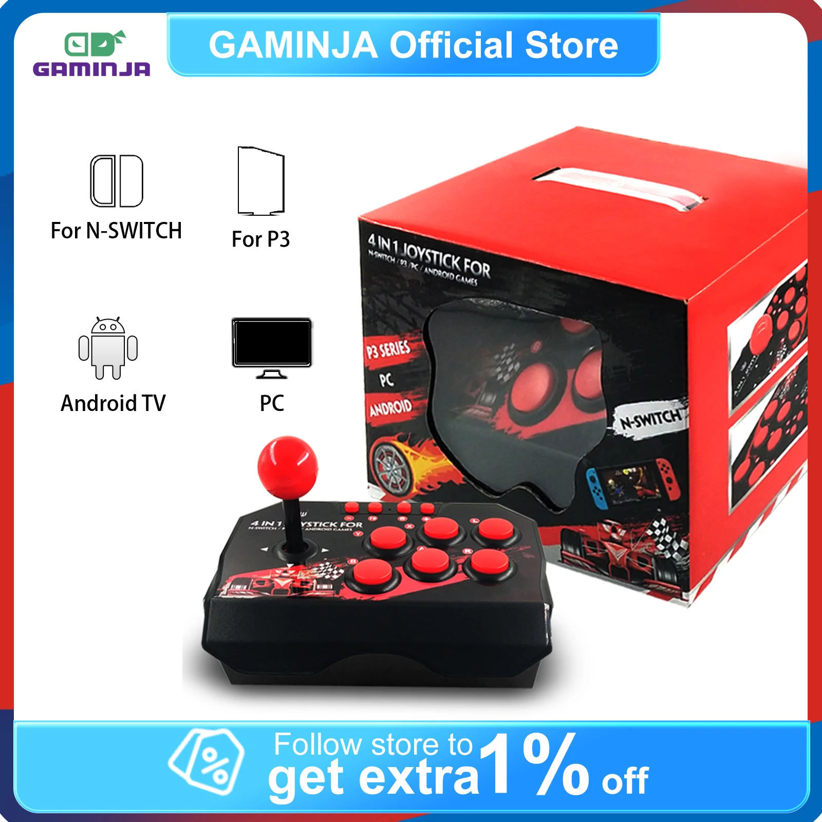 GAMINJA-Joystick de juego con cable USB para Switch, PS3, PC y Android, con Cable USB de 3M, consola de juegos TURBO, estación Arcade