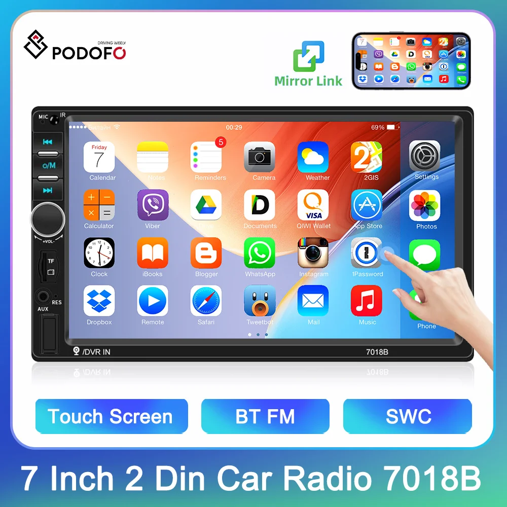 Podofo 2din Car Radio 7'' BT Touch Screen Video MP5 Player Steering Wheel Remote Mirrorlink USB Interface FM Auto Radio Stereo