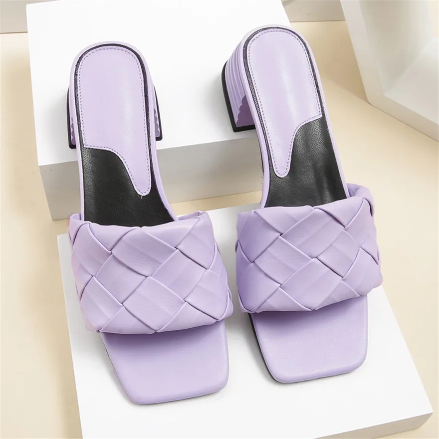 Women Fashion Design Weave Soft Slippers Purple White Square Heels PU Leather Woman Shoes Party Summer Female Square Toe Sandals