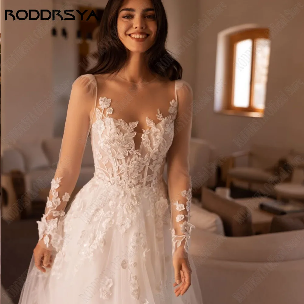 RODRSYA Exquisite Wedding Dresses For Woman O-Neck Long SleevesRODDRSYA Requintados Vestidos De Casamento Para A Mulher O Pescoço Mangas Compridas Vestidos De Noiva Lace Applique A Line Illusion Voltar vestido de noiva