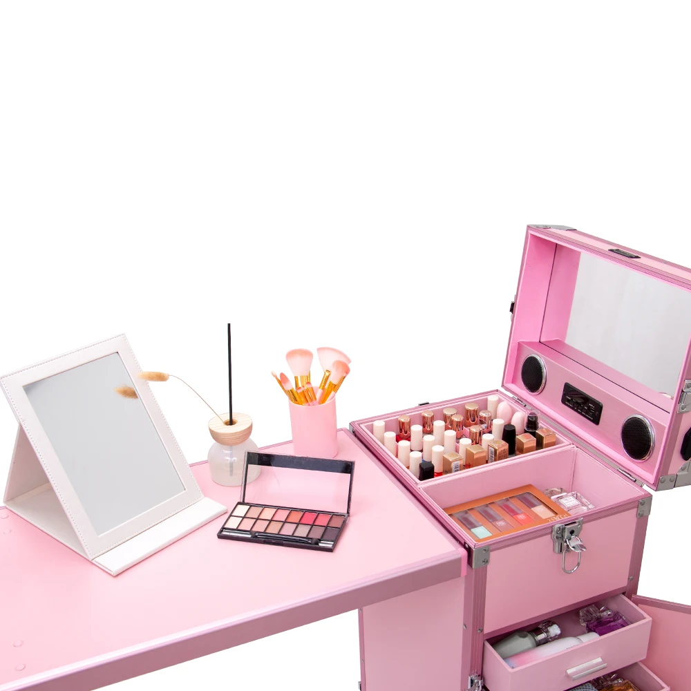 Nail Table Pink Manicure Workstation Folding rolling Portable case