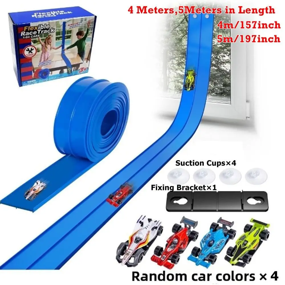 مسار سباق مرن مع أكواب شفط، سيارة سباق محمولة يمكنك صنعها بنفسك، سيارة مسار سباق تعمل بالجاذبية باللون الأزرق