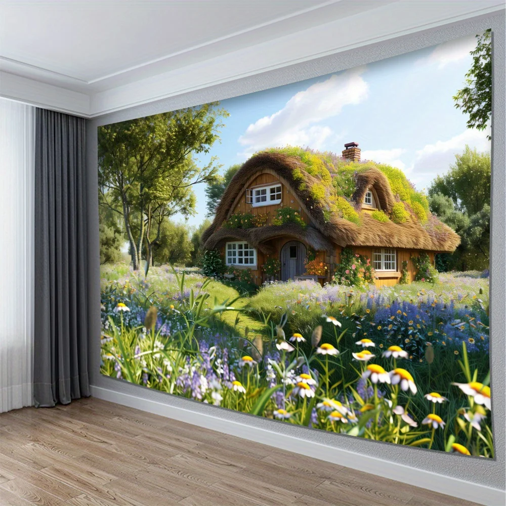 Romantic Cottagecore Fantasy Meadow Tapestry Bohemian Cottage Garden House Nature Wall Art for Living Room Decor