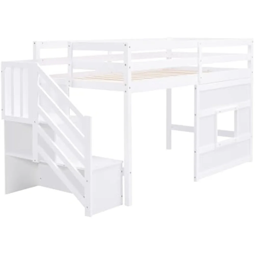 Double Bed with Storage Stairs and Windows, Wooden Double Bed with Full Length Guardrail and Strong Slatted Support, No Noise