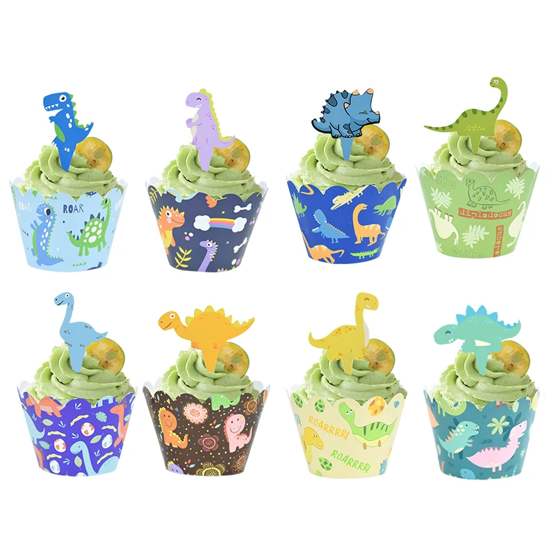 24 pçs dinossauro cupcake envoltórios bolo toppers selva dinossauro tema crianças menino festa de aniversário chá de bebê cupcake topper decoração