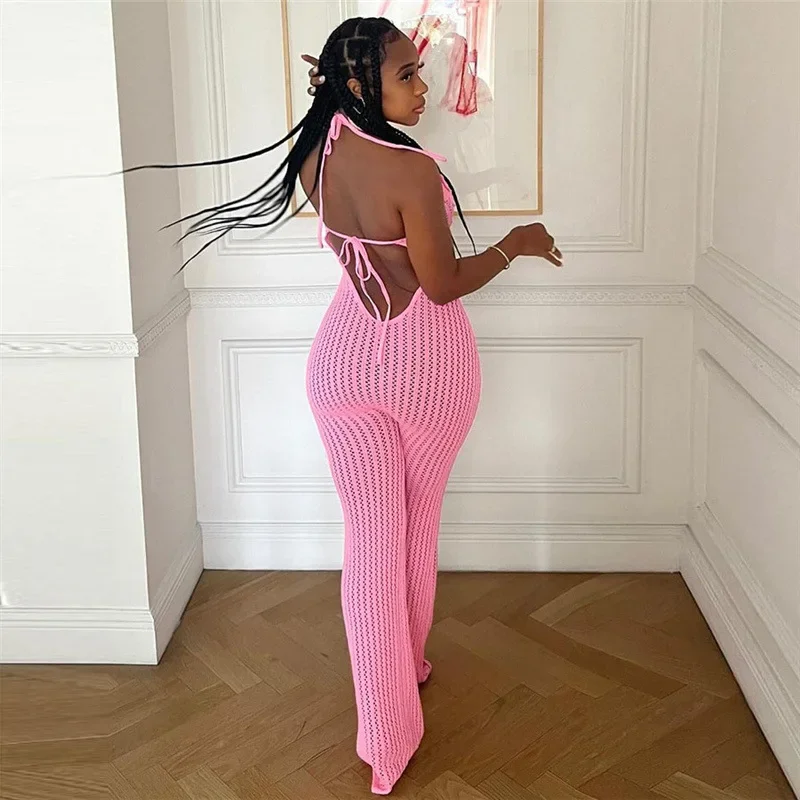 Leosoxs Tuta senza schienale con lacci con scollo all'americana lavorata a maglia da donna Pagliaccetti skinny senza maniche con applicazioni di fiori 2025 Abbigliamento da spiaggia per le vacanze estive
