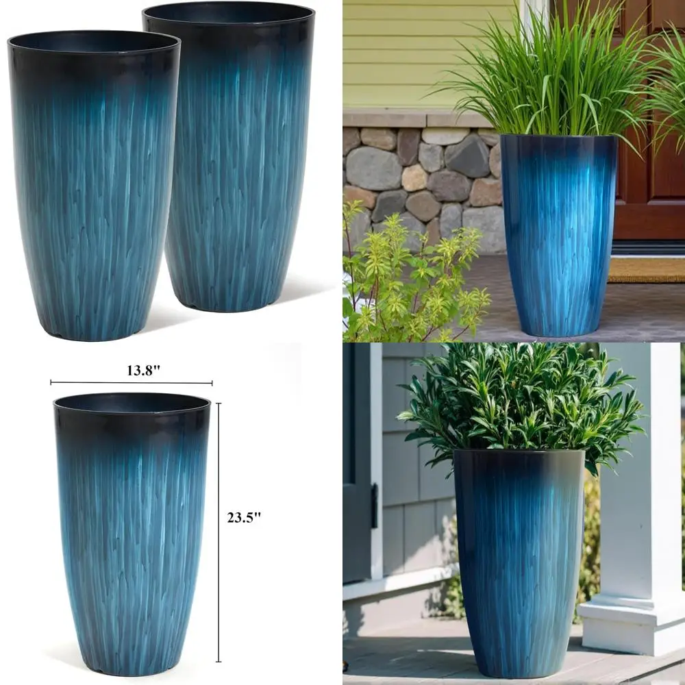 

worth garden 23.5" h. large plastic planters - set of 2 gradient blue glossy smooth finish - tall plant pots for indoor & outdoo