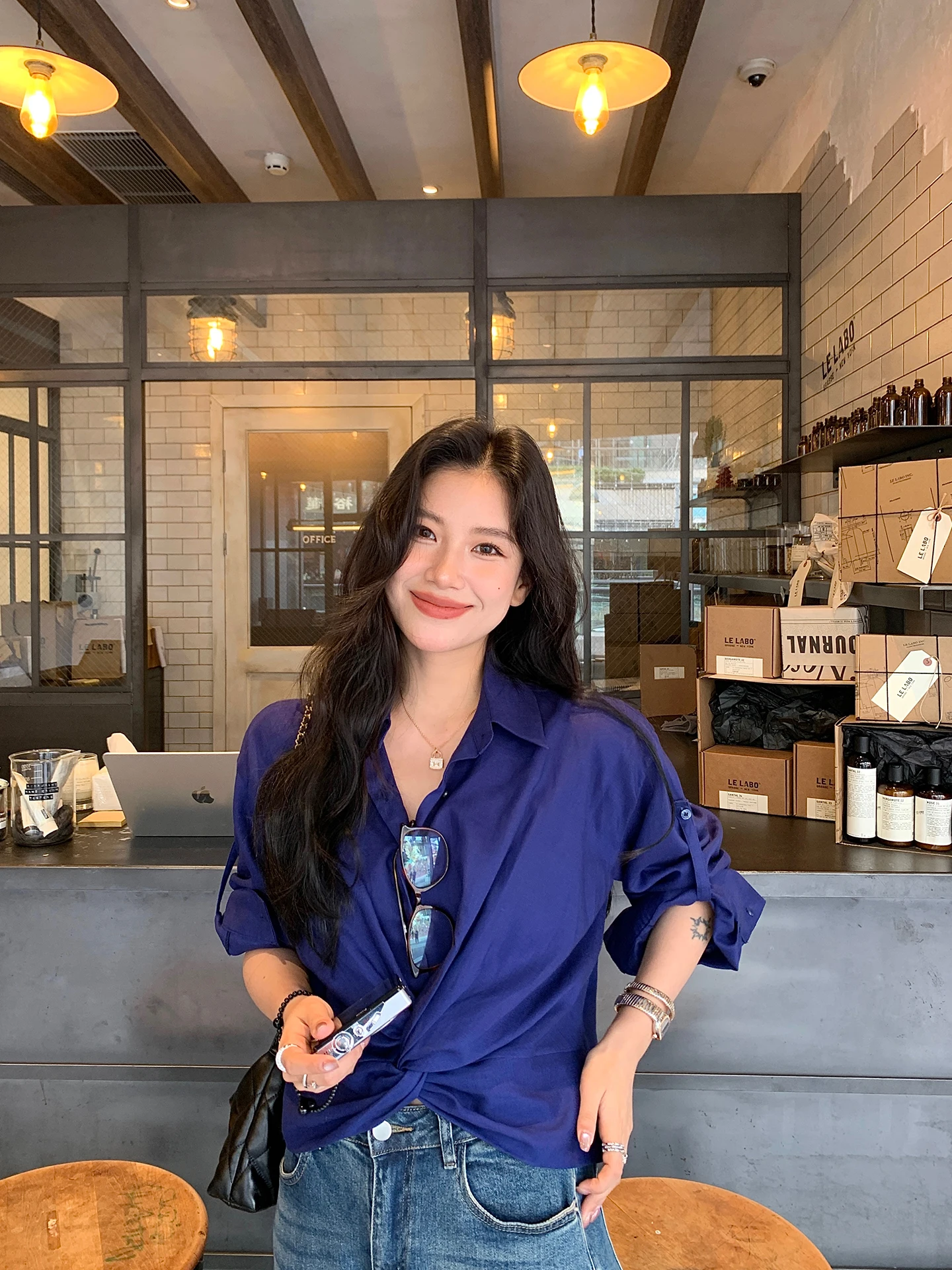 

DaqianwithU Women's Long Sve irt Linen Design Casual Sle Loose Fit Blue Leisure Faion Rayon Lenzing Fabric