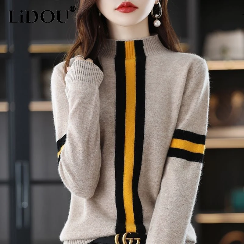 Autumn Winter High Collar Patchwork All-match Sweater Female Loose Casual Bottoming Jumpers Top Women Fashion Knitted Pullovers