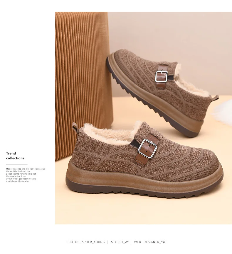 Damen-Winter-Loafer mit Fleecefutter, warme Slipper aus Strickstoff, rutschfeste Freizeitschuhe mit Schnallenriemen und dicker Plattformsohle – Detail 16