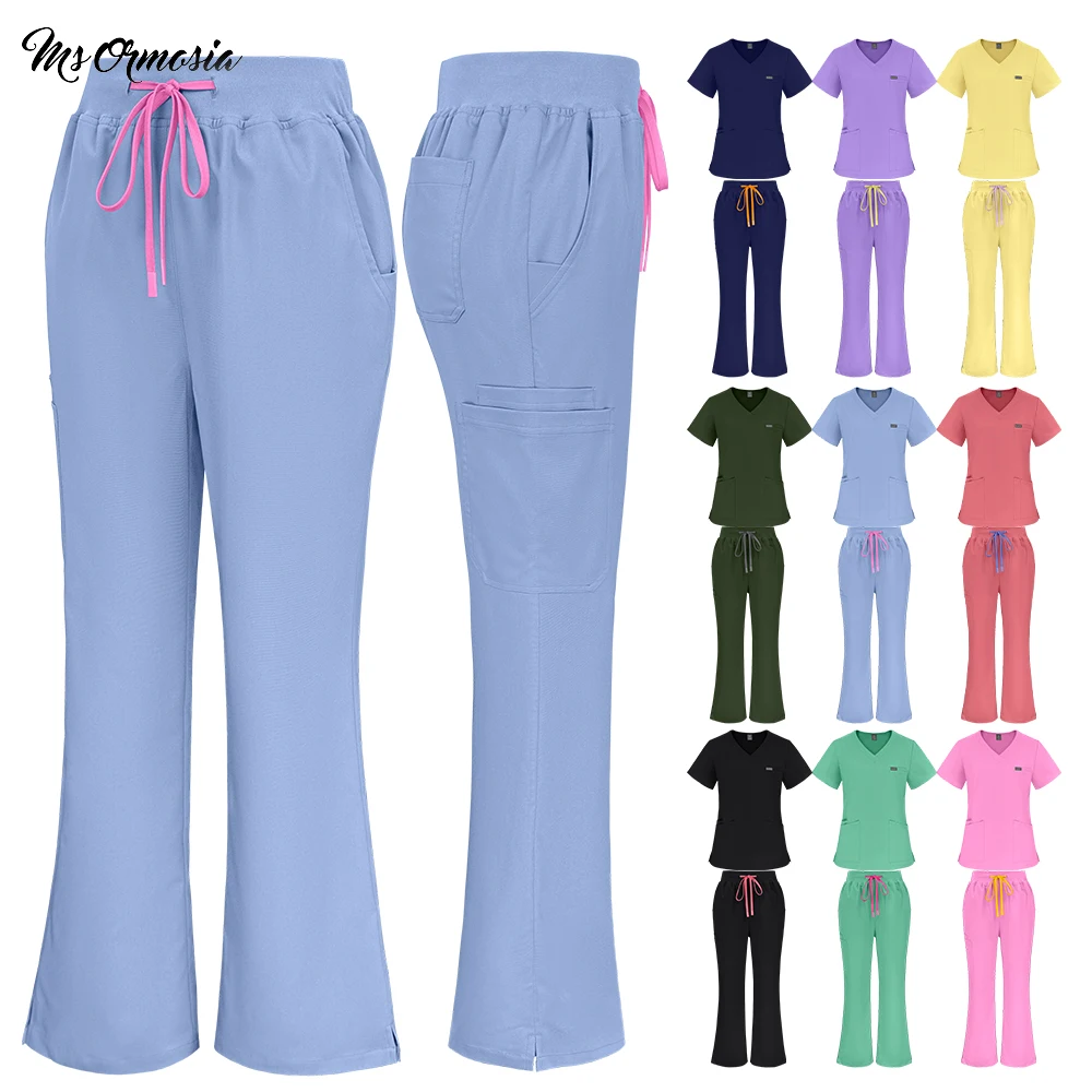 Nurse Uniform Women's Scrub Set Slim Fit Top Fashionable Flared Pants Soft Comfortable Surgical Clothes Medical Nursing Workwear