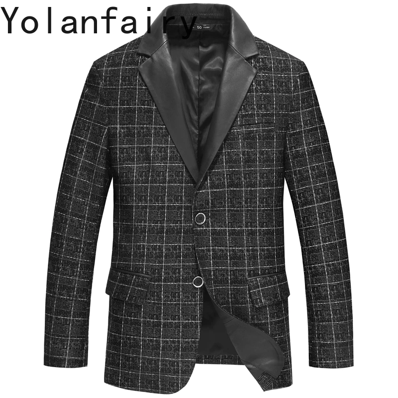 YOLANFAIRY High Quality Real Sheepskin Leather Jackets Man Top Layer Suit Jacket Fashion Plaid Genuine Leather Coat Slim-fit