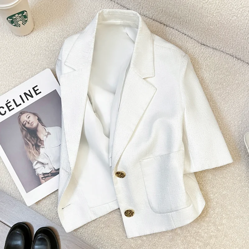 

Summer Lightweight White Small Fragrance French Short Suit Jacket for Women Fashion Versatile Lady Short-sleeved Tops