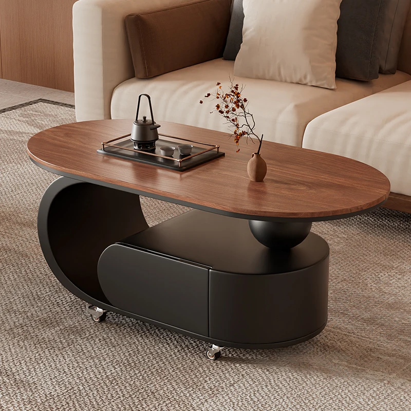 

Oval Walnut Wooden Coffee Table Household Wood Black Trolley Designer Coffee Table Nordic Wheels Mesa De Centro Sala Furniture