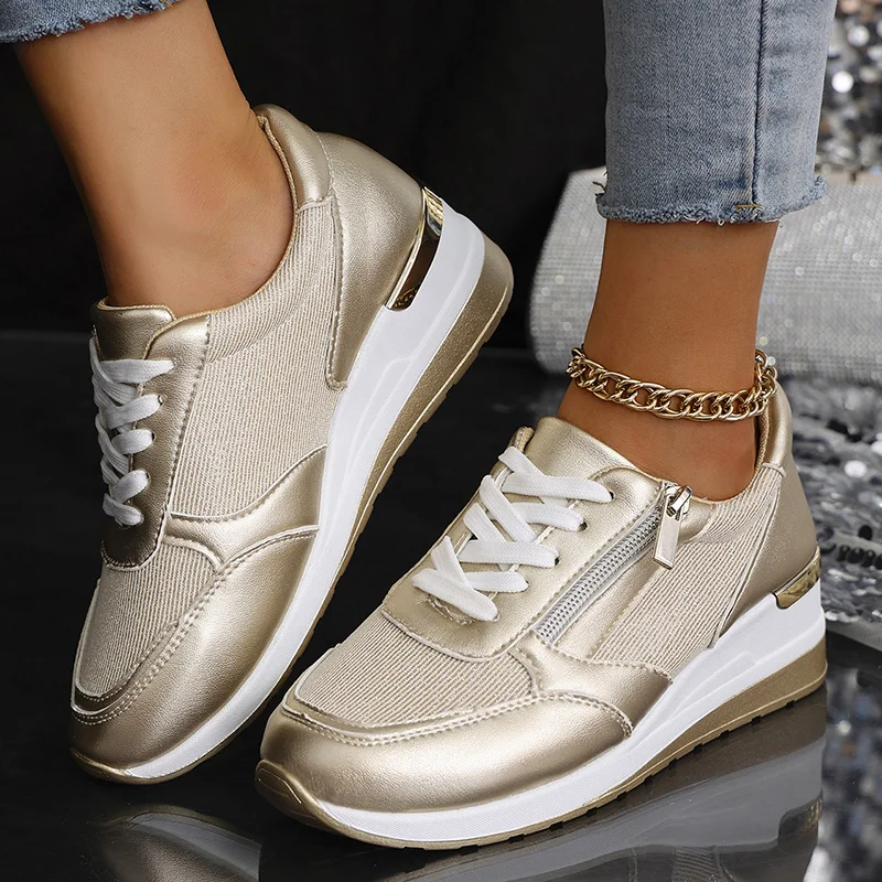 

Модные женские кроссовки на танкетке больших размеров, спортивная обувь на платформе золотого и серебряного цвета, женские легкие дышащие повседневные кроссовки