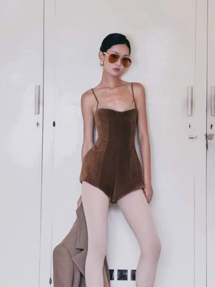 Retro Velvet Color Block Strap Jumpsuit Women's High Waist Slimming Shorts Pants High Fashion Sensation Spicy Girl Short Pants