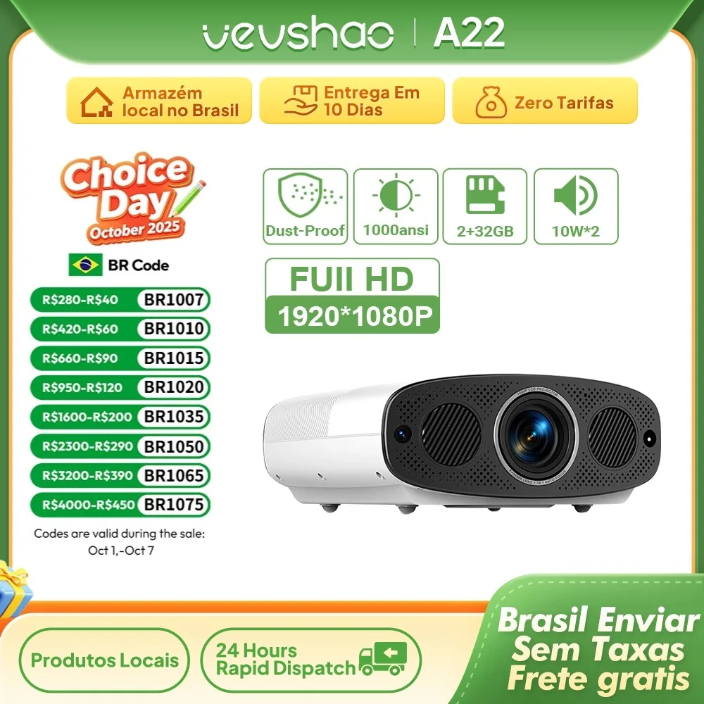 Vevshao a22 projetor full hd 1080p 4k 1000ansi android wifi foco automático 10w * 2 projetor de home theater para vídeo de reunião de escritório