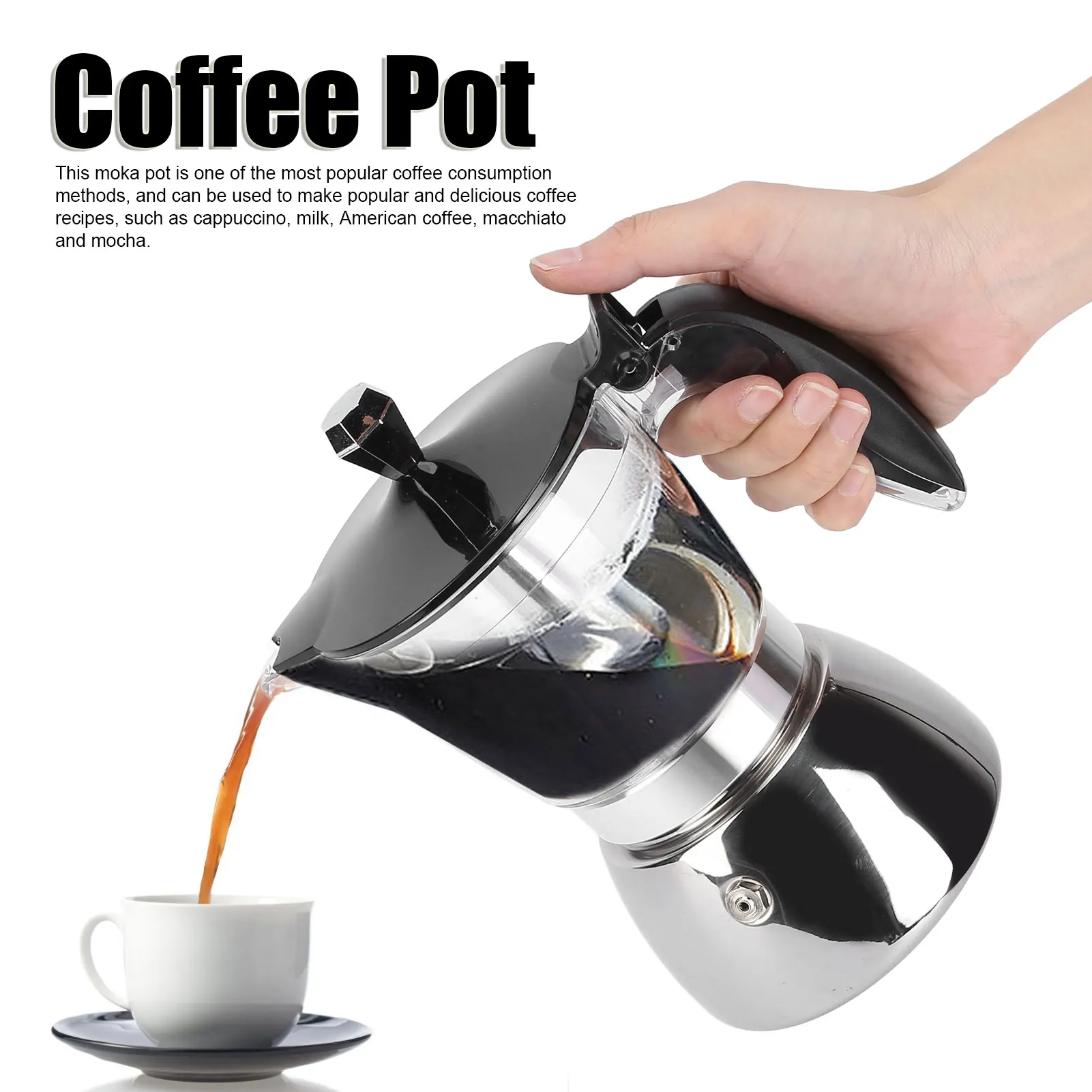 Aço inoxidável italiano Moka Pot, cafeteira octogonal, design moderno, receita de café múltipla, 300ml Capacidade, 6 xícaras