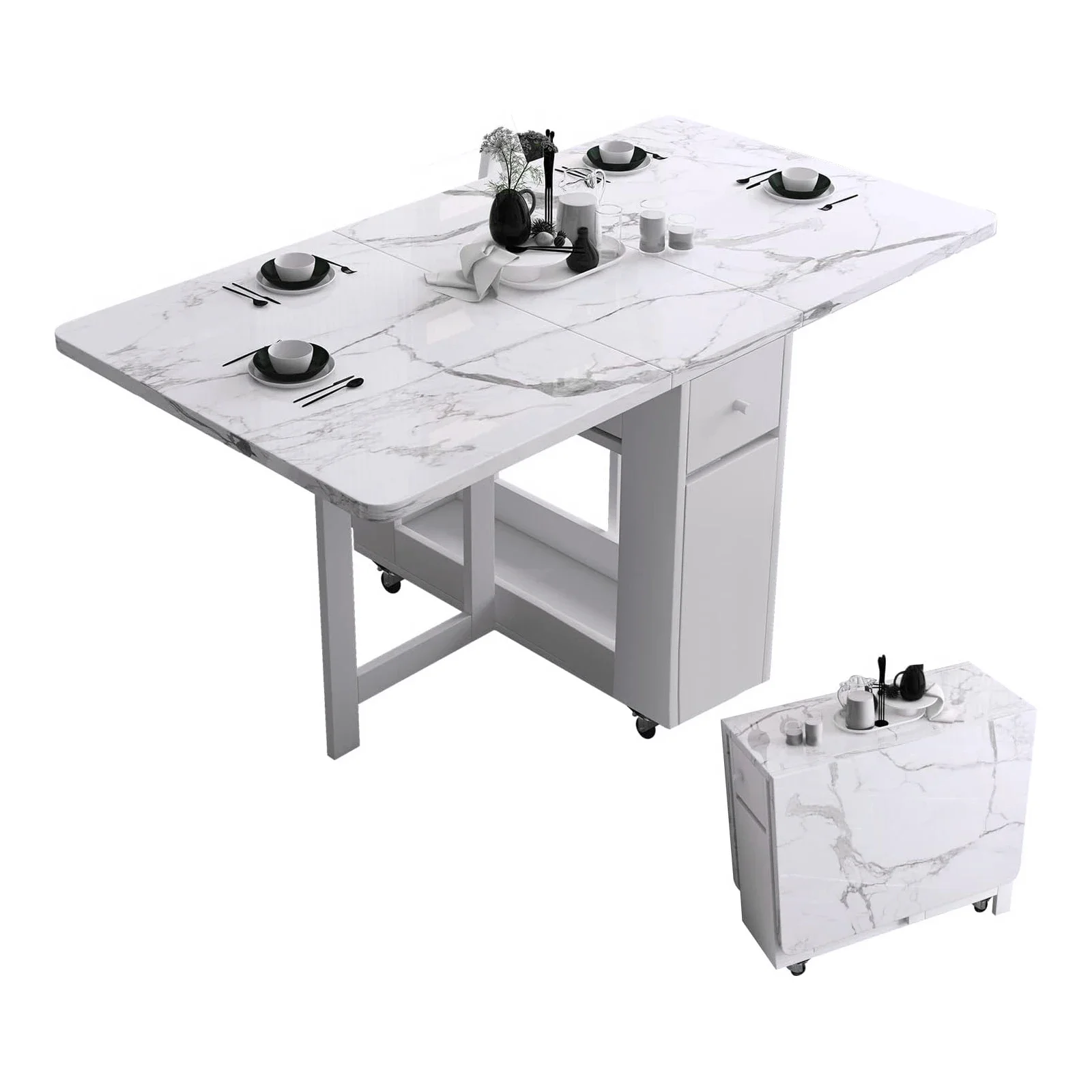 Fashion White Folding Dining Table Furniture Multifunctional Rectangle Movable Dining Table and Folding Chairs