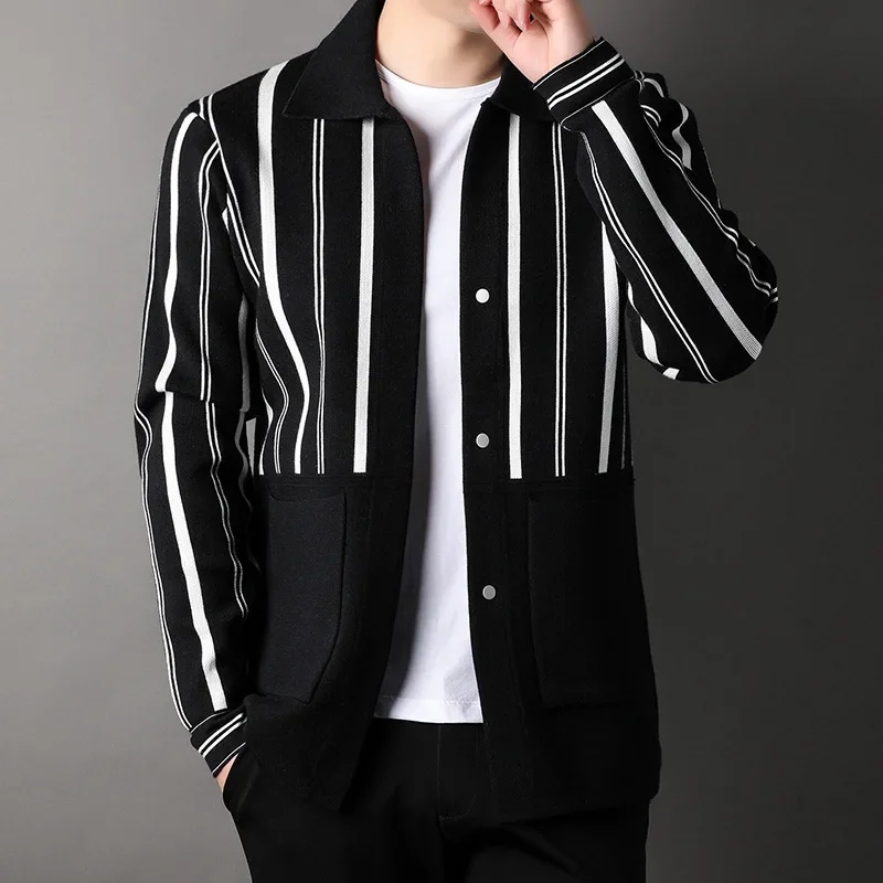 2024 Men's, Shawl Slim Fit, Lapel, Striped Color Matching Cardigan Sweater