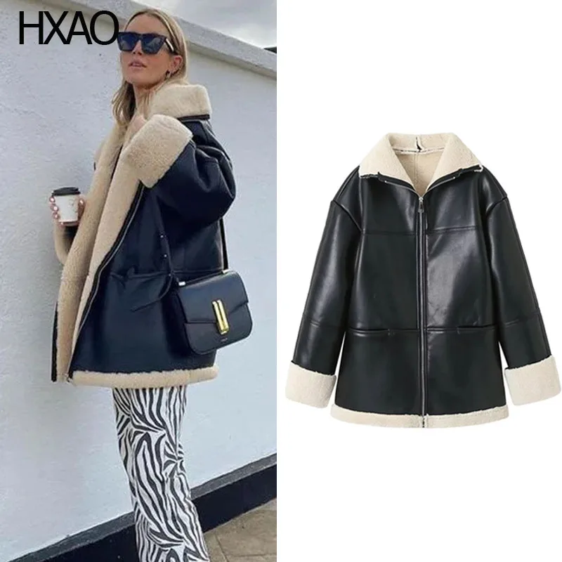 

HXAO Winter Leather Jacket Women Faux Fur Coats Fashion Black Warm Leather Outerwear Long Sleeve Casual Loose Leather Fur Coat