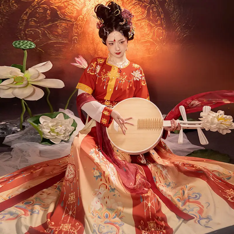 ‌ مجموعة Tang Dynasty Hanfu - تنورة عالية الخصر وشاح Dunhuang للرقص الشرقي للنساء