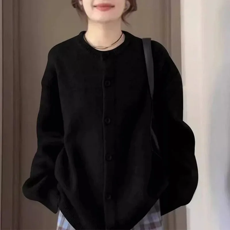 

American Retro Cardigan Sweater Jacket Women's Autumn College Style Relaxed Versatile Black Knitted Top Winter