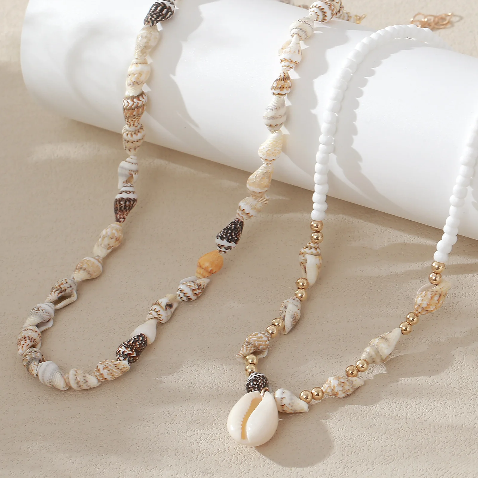 Grey Natural Shell Necklace Textured Conch Pendant Hand-Strung Beads Adjustable Choker Beach Cottagecore Jewelry