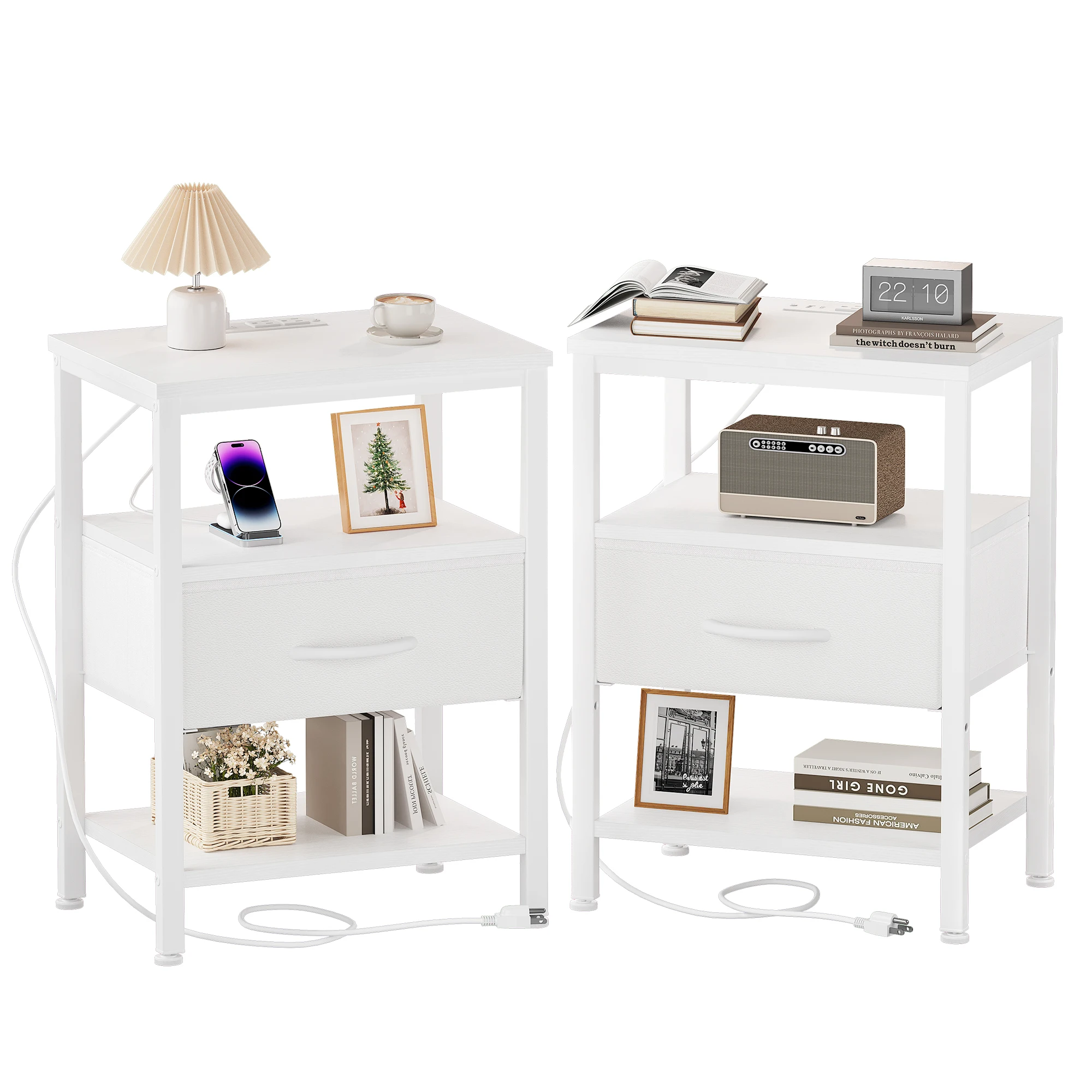 

JHK 3-Tier Nightstand Set of 2 with Wireless Charging Station Bedside Tables with Adjustable Fabric Drawers Storage Open Shelf